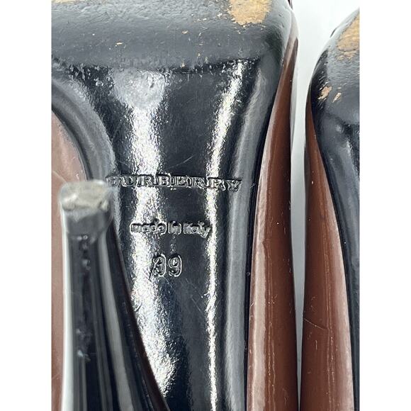 Burberry Brown Patent Leather Ruffle Detail Embellishment Cone Heels Sz 8-8.5/39 - Picture 9 of 15